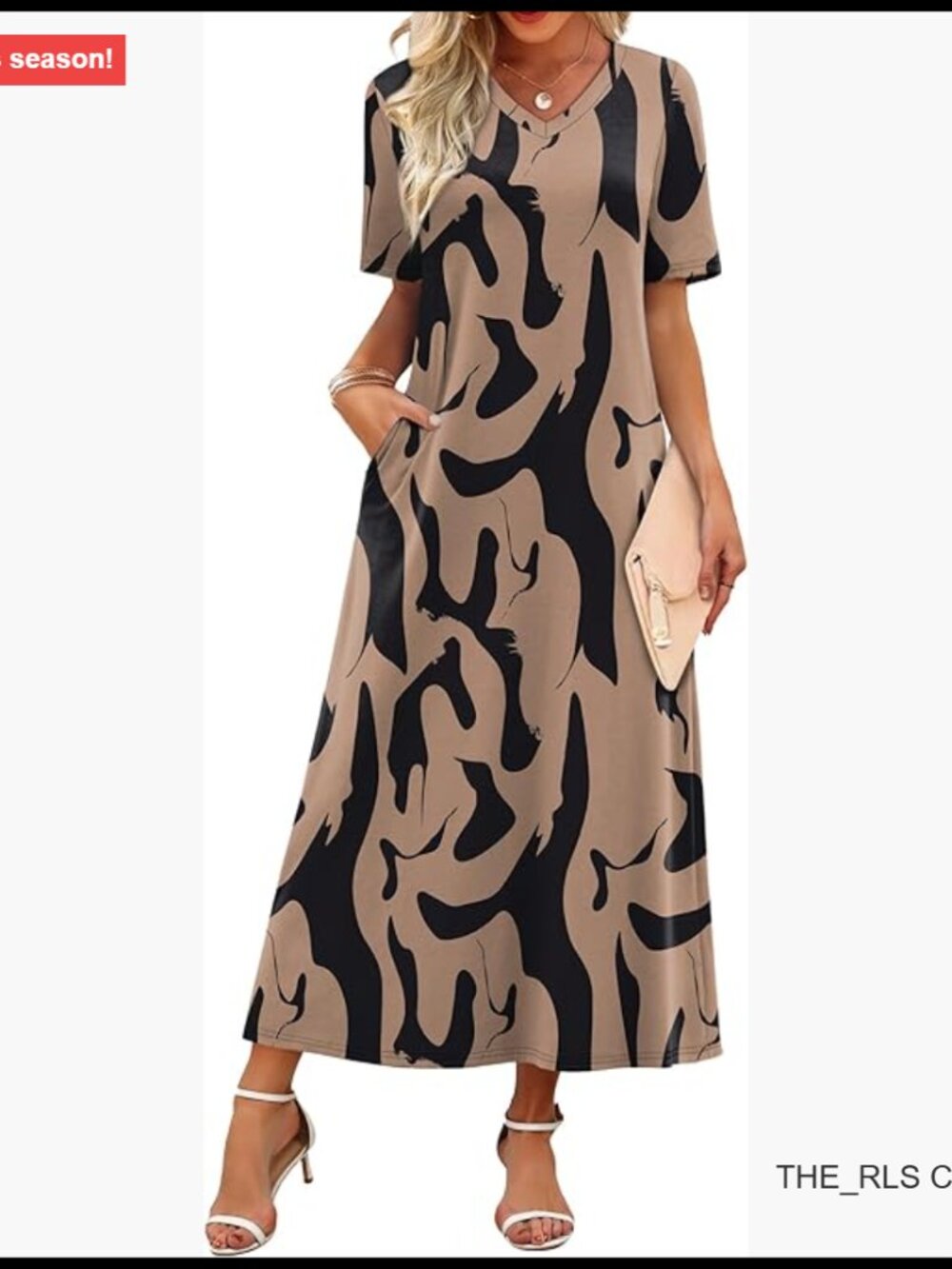 V-Neck Maxi Dress with Short Sleeves, Lightweight Polyester Blend